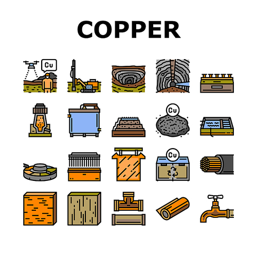 copper metal production steel icons set vector. texture gradient, bronze, foil shiny, brown industry, brass frame, material metallic copper metal production steel color line illustrations