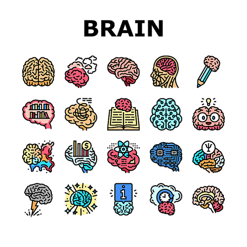 brain human mind head idea icons set vector. abstract knowledge, science think, education graphic, psychology creative, smart brain human mind head idea color line illustrations