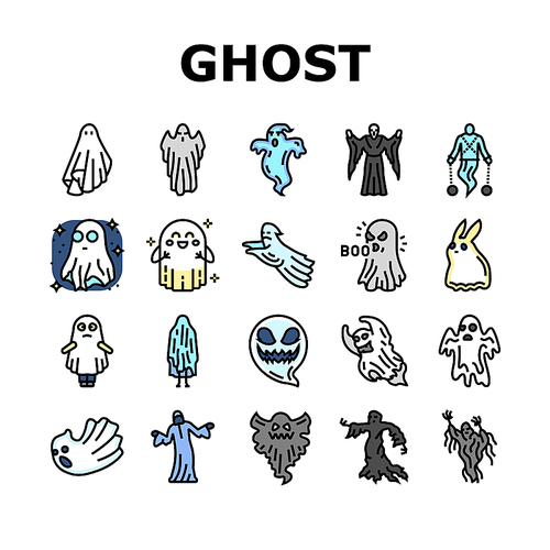 ghost halloween spooky scary cute icons set vector. horror white, spirit character, costume monster, night evil, silhouette, boo fear ghost halloween spooky scary cute color line illustrations