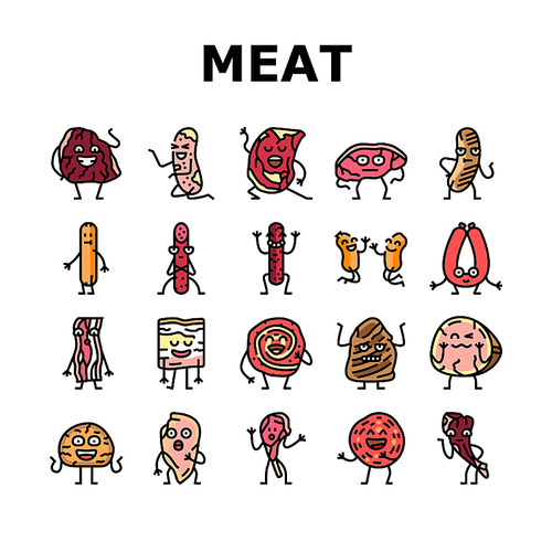 meat character beef food funny icons set vector. steak face, happy, cute design, sausage restaurant, slice smile, pork grill, mascot meat character beef food funny color line illustrations