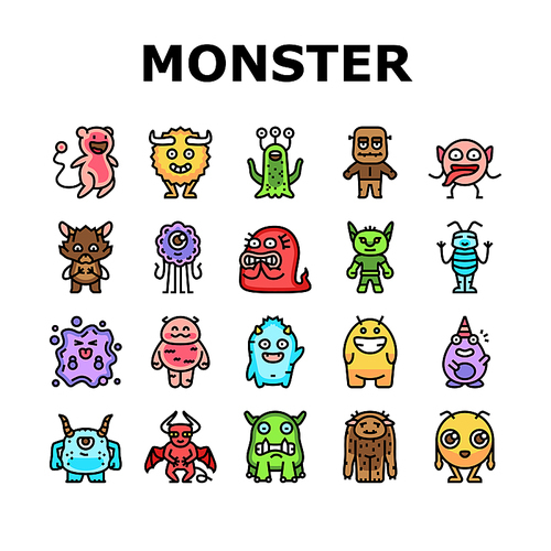 monster funny cute alien icons set vector. animal halloween, happy face, comic creature, devil scary, mouth mascot little teeth monster funny cute alien color line illustrations