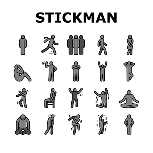 stickman man people silhouette icons set vector. pictogram human, stick person, figure posture, body position male character movement stickman man people silhouette color line illustrations