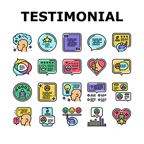testimonial customer review icons set vector. feedback opinion, comment online, bubble service, concept business, client survey testimonial customer review color line illustrations