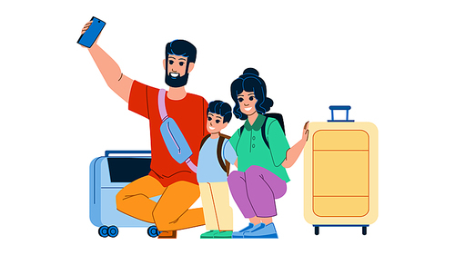 family airport vector. travel suitcase, luggage journey, vacation trip, happy child, departure flight family airport character. people flat cartoon illustration