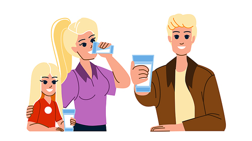 family drinking water vector. child mother, healthy drink, glass kitchen, home girl, woman happy lifestyle family drinking water character. people flat cartoon illustration