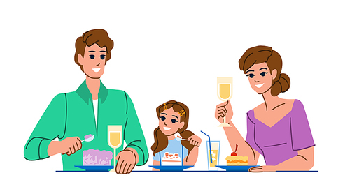 family eating restaurant vector. happy lunch, mother food, child daughter, father together, dinner meal family eating restaurant character. people flat cartoon illustration