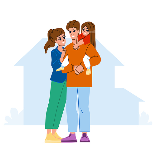 family in front of house vector. happy house, child lifestyle, couple new, man mother, outside father, woman family in front of house character. people flat cartoon illustration