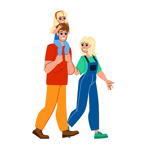 family outing vector. happy father, nature mother, girl daughter, child outdoor, holiday lifestyle family outing character. people flat cartoon illustration