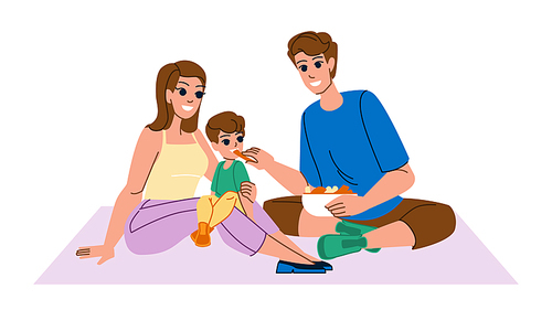 family picnic vector. summer happy, young woman, park nature, child father, together man family picnic character. people flat cartoon illustration