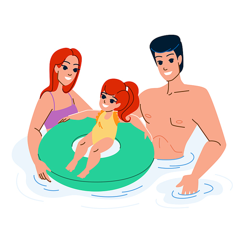 family pool vector. summer happy, vacation fun, water holiday, mother child, father, girl children family pool character. people flat cartoon illustration