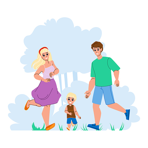 family running vector. happy together, run fun, summer mother, woman child, young joy, family ma, son family running character. people flat cartoon illustration