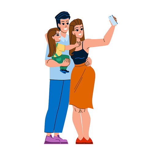 family selfie vector. happy father mother daughter, child young, photo lifestyle, vacation summer family selfie character. people flat cartoon illustration