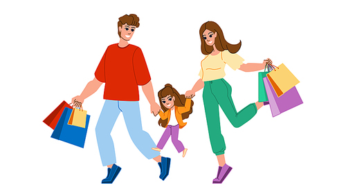 family shopping vector. mother child, kid happy, woman girl, man father, daughter purchase young family shopping character. people flat cartoon illustration