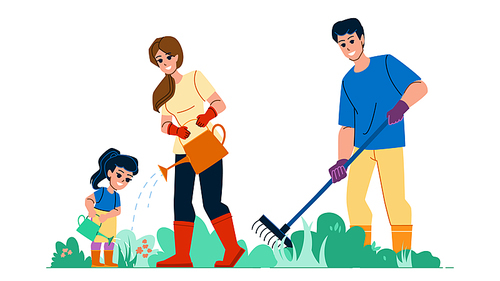 family yard work vector. garden plant, happy agriculture, gardening nature, summer father, home gardener family yard work character. people flat cartoon illustration