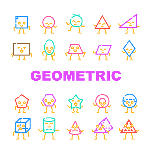 geometric shape funny icons set vector. face graphic, design square, circle triangle, flat trendy, rectangle style cute star geometric shape funny color line illustrations