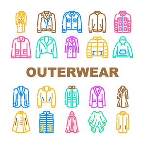 outerwear female clothes girl icons set vector. woman fashion, coat clothing, jacket stylish, people person young casual, style outerwear female clothes girl color line illustrations