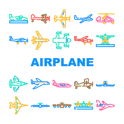 plane flight travel aircraft icons set vector. air sky, fly jet, transport passenger, business airport, trip commercial aviation plane flight travel aircraft color line illustrations