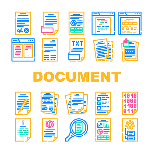 document business file office icons set vector. paper work, informationfolder, contract computer, digital technology, corporate document business file office color line illustrations