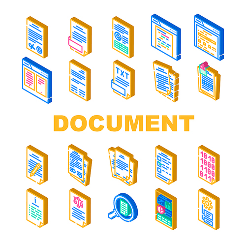 document business file office icons set vector. paper work, informationfolder, contract computer, digital technology, corporate document business file office isometric sign illustrations