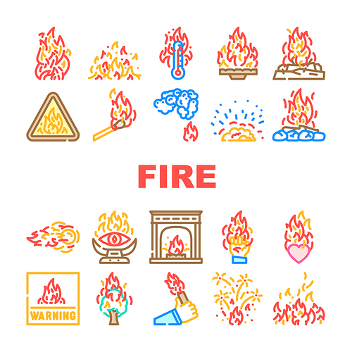 flame hot fire burn bonfire heat icons set vector. red danger, light orange, campfire energy fiery element glow, hell flammable inferno flame hot fire burn bonfire heat color line illustrations