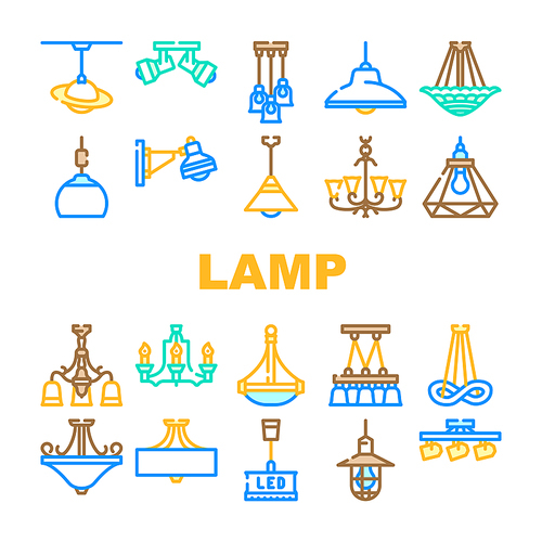 lamp ceiling light interior home icons set vector. room bulb, decor chandelier, wall electric, bright decoration, metal style lamp ceiling light interior home color line illustrations