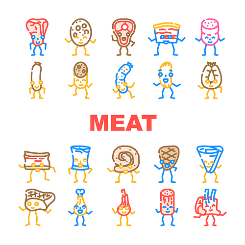 meat character food meal icons set vector. funny cute, beef happy, face restaurant, steak design, slice smile, comic dinner meat character food meal color line illustrations