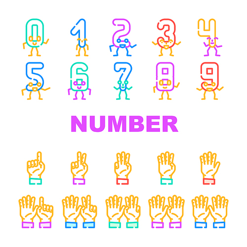 number character cute icons set vector. font funny, school design, fun one, alphabet letter, typography three, education number character cute color line illustrations