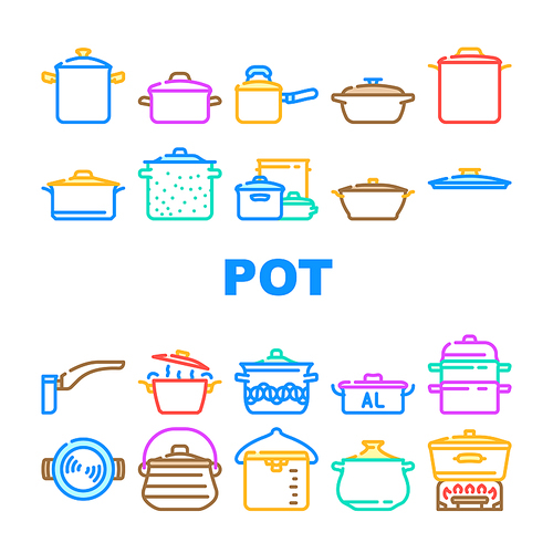 pot kitchen food pan cooking icons set vector. cook soup, saucepan lid, steel chef, kitchenware metal, stove utensil, stainless pot kitchen food pan cooking color line illustrations