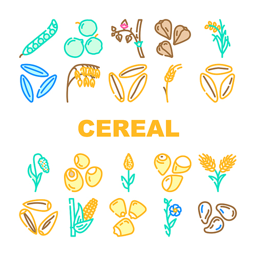 cereal plant healthy food icons set vector. breakfast bowl, milk corn, wheat grain, snack morning, organic meal, sweet cereal plant healthy food color line illustrations
