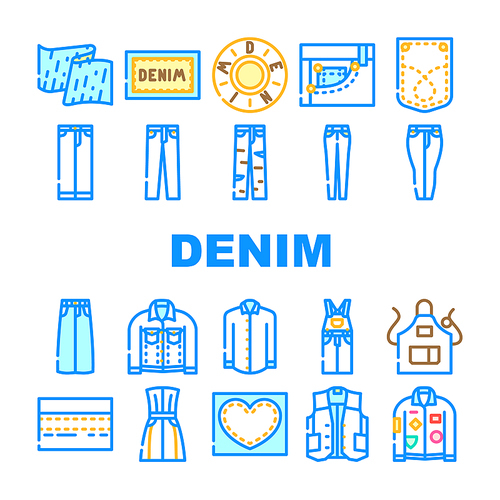 denim textile material fashion icons set vector. fabric blue, texture cloth, canvas cotton, clothing jeans, wea style, textured cloth denim textile material fashion color line illustrations