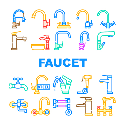 faucet water sink tap bathroom icons set vector. clean home, modern interior, white drop, wash, plumbing metal, hous pipe faucet water sink tap bathroom color line illustrations
