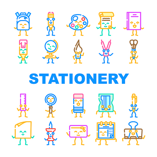 stationery character school icons set vector. pencil, education cute, study pen, funny book, happy student, children mascot stationery character school color line illustrations