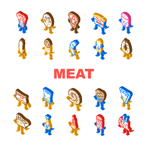 meat character food meal icons set vector. funny cute, beef happy, face restaurant, steak design, slice smile, comic dinner meat character food meal isometric sign illustrations