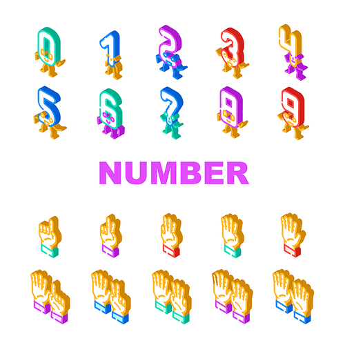 number character cute icons set vector. font funny, school design, fun one, alphabet letter, typography three, education number character cute isometric sign illustrations