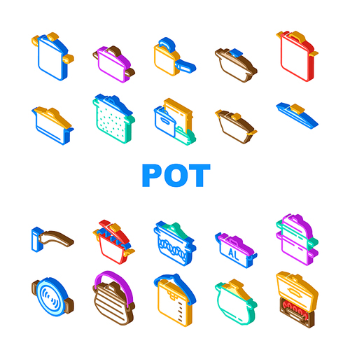 pot kitchen food pan cooking icons set vector. cook soup, saucepan lid, steel chef, kitchenware metal, stove utensil, stainless pot kitchen food pan cooking isometric sign illustrations