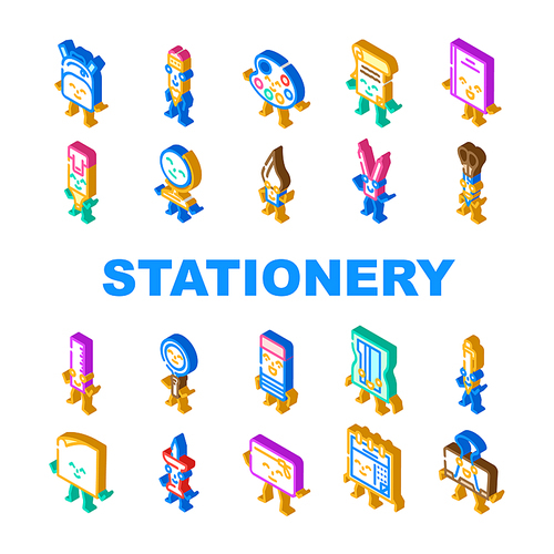 stationery character school icons set vector. pencil, education cute, study pen, funny book, happy student, children mascot stationery character school isometric sign illustrations