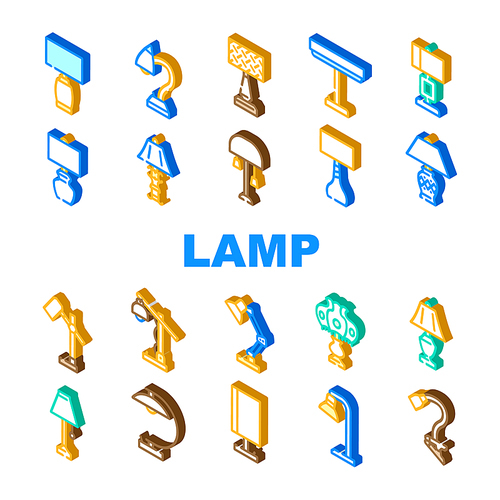 lamp table light home desk icons set vector. interior modern, office furniture, design electric, bulb illumination, object lamp table light home desk isometric sign illustrations