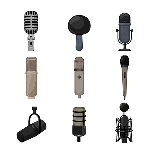 mic microphone music set cartoon. radio karaoke, audio studio, sound voice, stage concert mic microphone music vector illustration