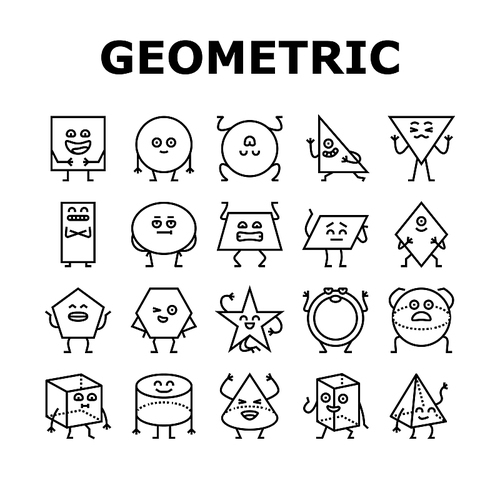 geometric shape character icons set vector. triangle circle, square abstract, cute funny rectangle, figure face, education basic geometric shape character black contour illustrations