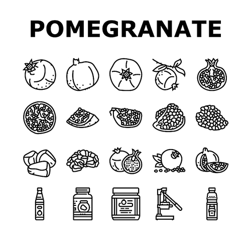 pomegranate fruit red food icons set vector. half, seed fresh, ripe juice, leaf cut, juicy, green sweet, slice leaves, organic pomegranate fruit red food black contour illustrations