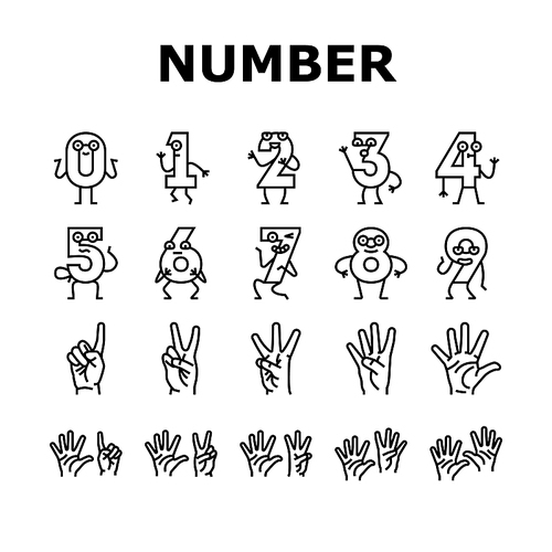 number character cute icons set vector. font funny, school design, fun one, alphabet letter, typography three, education number character cute black contour illustrations