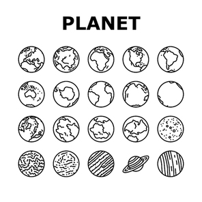 earth world planet globe map icons set vector. space blue, nature geography, environment ecology, sphere science, day ocean blue earth world planet globe map black contour illustrations