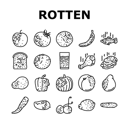 rotten food fruit waste garbage icons set vector. organic green, mold bad, nature rot, trash dirty, compost spoiled, damaged vegetable rotten food fruit waste garbage black contour illustrations