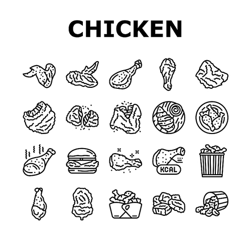 chicken crispy food meat meal icons set vector. fast delicious, wing fried, snack crunchy, leg cooked, eat tasty, dinner golden chicken crispy food meat meal black contour illustrations