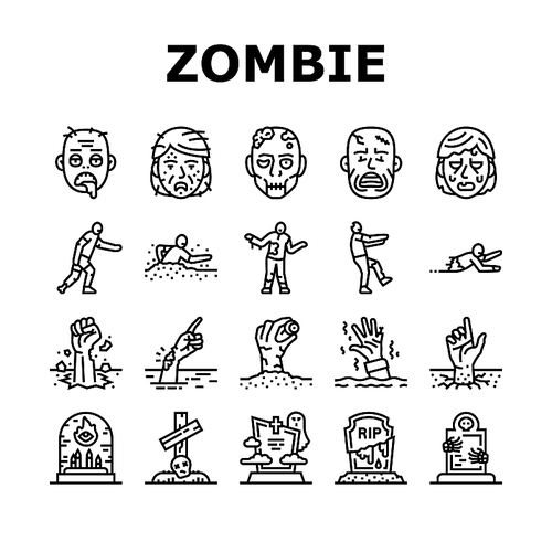 zombie horror scary dead evil icons set vector. monster creepy, hand death, undead nightmare, man fear, apocalypse blood hell zombie horror scary dead evil black contour illustrations