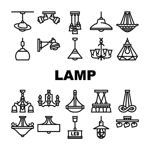 lamp ceiling light interior home icons set vector. room bulb, decor chandelier, wall electric, bright decoration, metal style lamp ceiling light interior home black contour illustrations