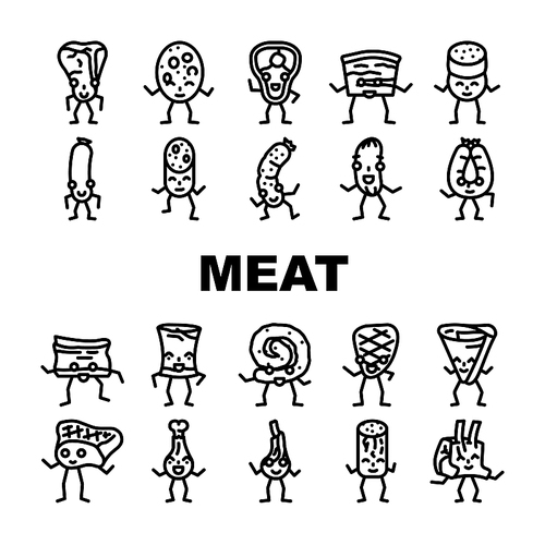 meat character food meal icons set vector. funny cute, beef happy, face restaurant, steak design, slice smile, comic dinner meat character food meal black contour illustrations