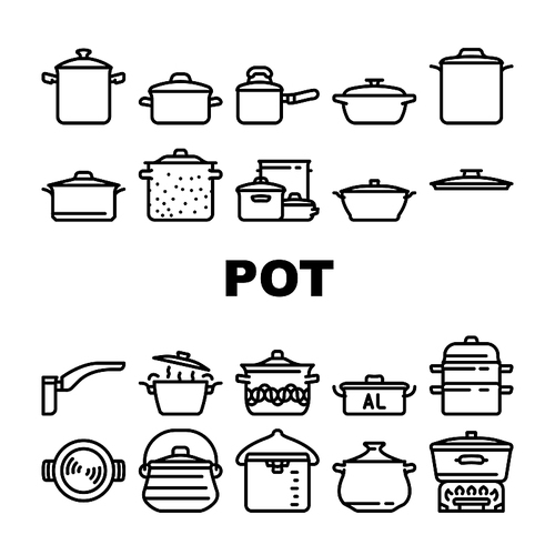 pot kitchen food pan cooking icons set vector. cook soup, saucepan lid, steel chef, kitchenware metal, stove utensil, stainless pot kitchen food pan cooking black contour illustrations