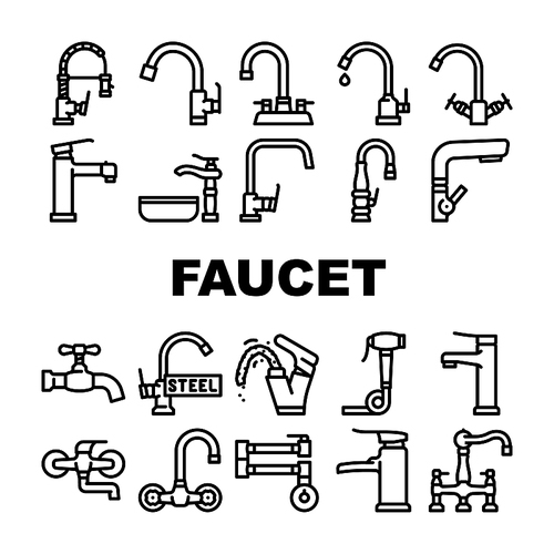 faucet water sink tap bathroom icons set vector. clean home, modern interior, white drop, wash, plumbing metal, hous pipe faucet water sink tap bathroom black contour illustrations