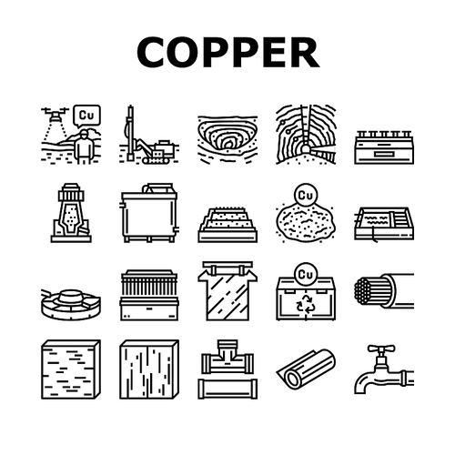 copper metal production steel icons set vector. texture gradient, bronze, foil shiny, brown industry, brass frame, material metallic copper metal production steel black contour illustrations